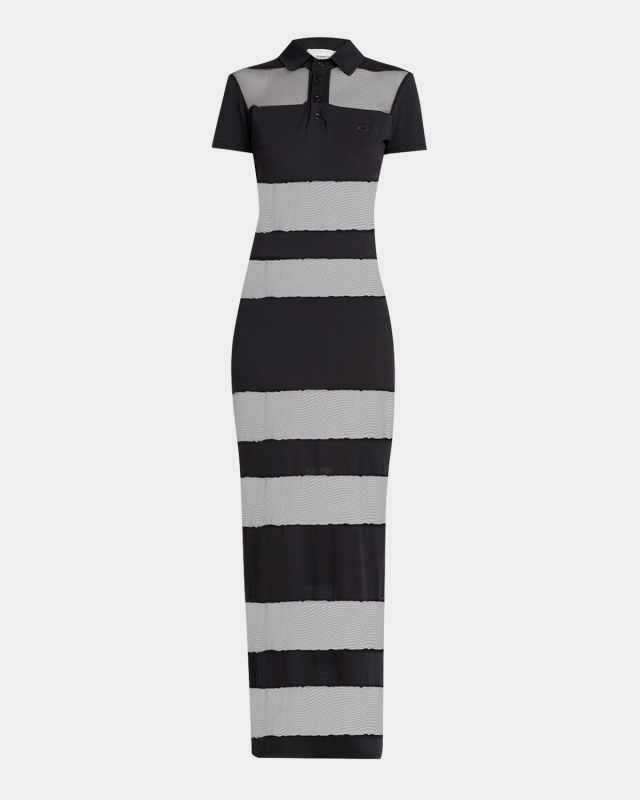 Sheer Striped Short-Sleeve Maxi Polo Dress